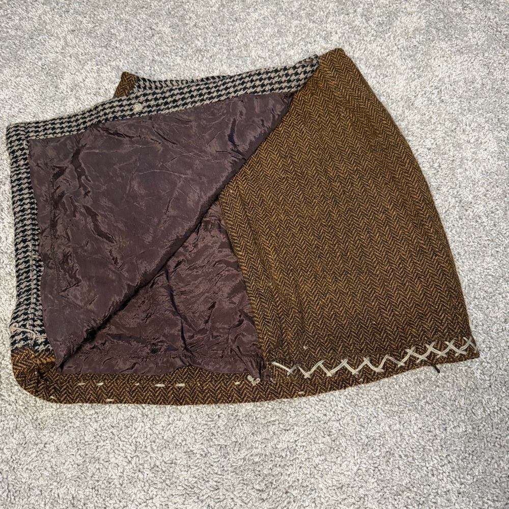 Vintage Joujou Houndstooth Tweed Wool Blend Wrap Skirt Size 6 Black Brown Tan - Picture 3 of 6
